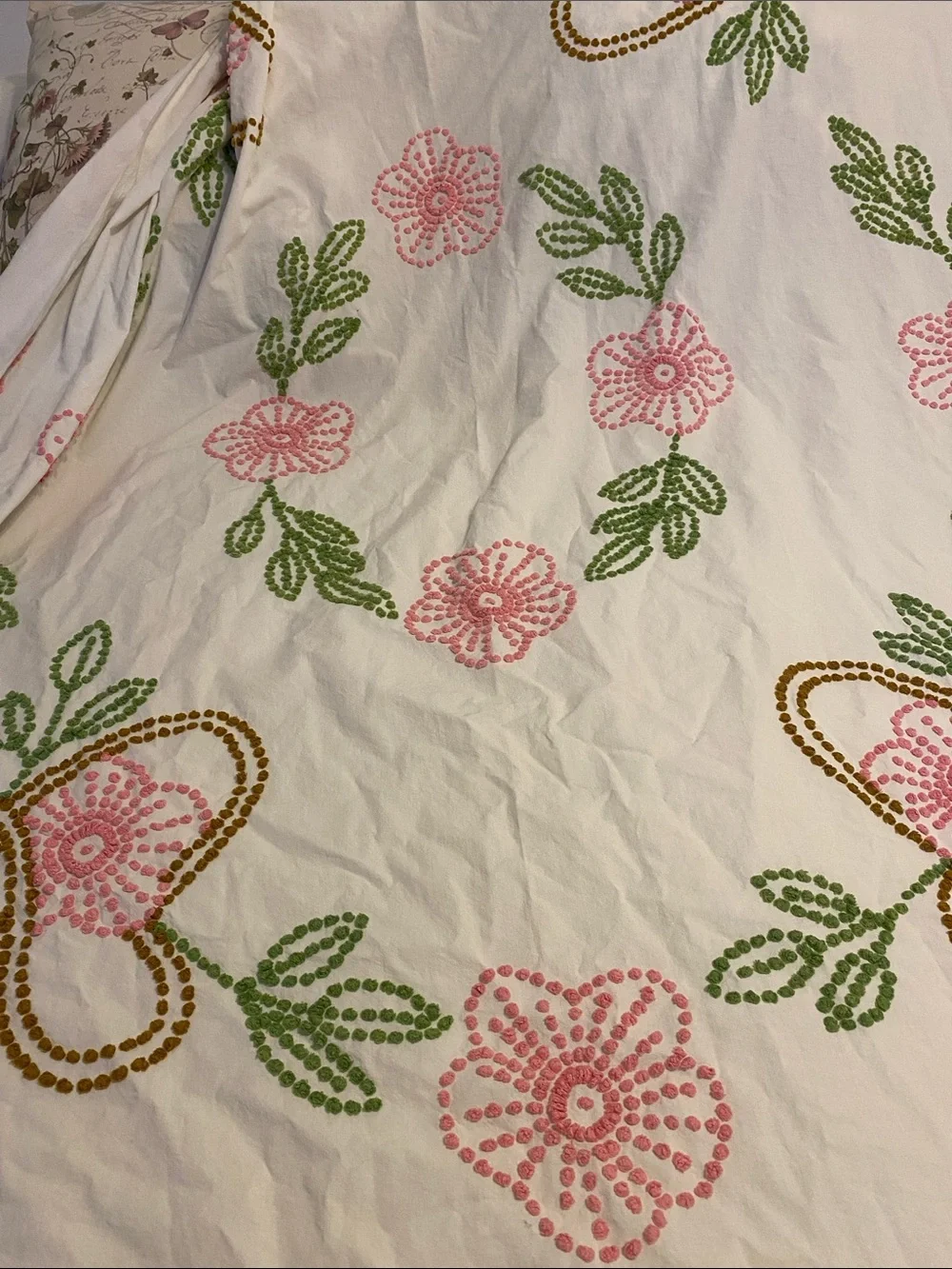 Vintage embroidered bed cover,  see pictures for flaws.  It’s gorgeous
